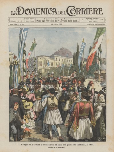 El viaje del Rey de Italia a Grecia, llegada del cortejo a la plaza de la Constitución en Atenas de Achille Beltrame