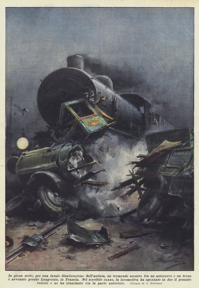 En plena noche, por una fatal distracción del conductor, un tremendo choque entre un camión... de Achille Beltrame