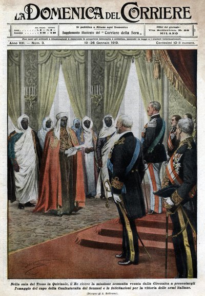 En la sala del trono del Palacio del Quirinal, el rey italiano Víctor Manuel III (Víctor Manuel) (Vittorio Emanuele) recibió la misión Senousista de la Cirenaica (en Libia) que vino a rendir homenaje y felicitaciones por la victoria de las tropas italianas de Achille Beltrame