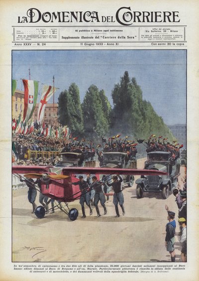 En una atmósfera de entusiasmo y entre dos densas alas de multitud aplaudiente, 25.000 jóvenes fascistas de Achille Beltrame