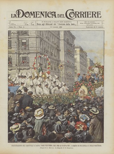 Inauguración del carnaval en Nápoles después de veinte años, llegada de Pulcinella y las máscaras de Achille Beltrame