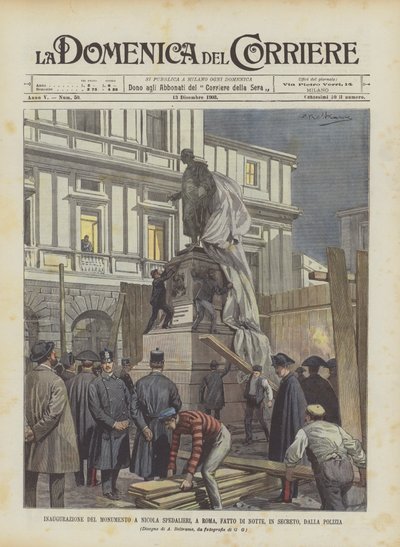 Inauguración del monumento a Nicola Spedalieri en Roma, hecho de noche en secreto por la policía de Achille Beltrame
