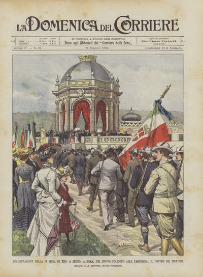 Inauguración de la IV competencia de tiro al blanco, en Roma, en el nuevo polígono de la Farnesina, el desfile de los tiradores de Achille Beltrame
