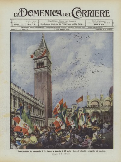 Inauguración del campanario de San Marcos, en Venecia, el 25 de abril, vuelo de palomas y ondear de banderas de Achille Beltrame