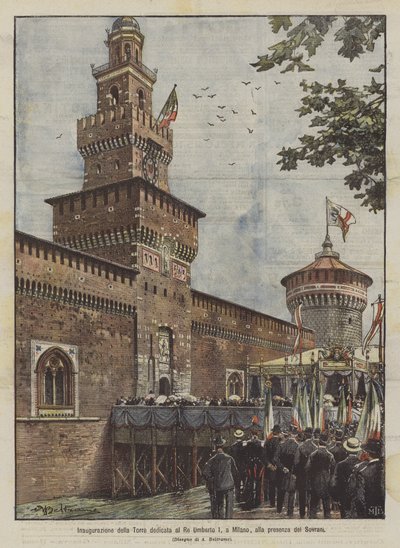 Inauguración de la Torre dedicada al Rey Umberto I, en Milán, en presencia de los Soberanos de Achille Beltrame
