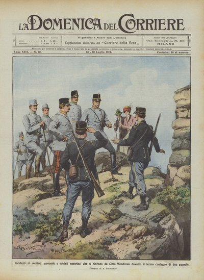 Incidentes fronterizos, general y soldados austriacos que se retiran de Cima Mandriolo ante de Achille Beltrame