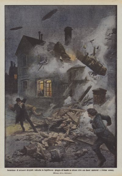 Incursión de dirigibles alemanes en Inglaterra, lluvia de bombas sobre algunas ciudades con de Achille Beltrame