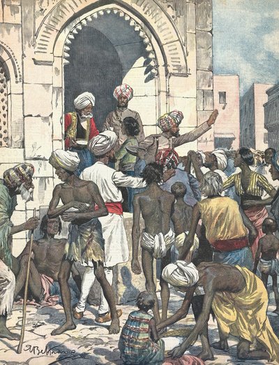 India. La sequía causa epidemias. Distribución de alimentos. Ilustrado por Antonio Beltrame. "La domenica del Corriere". 26 de febrero de Achille Beltrame