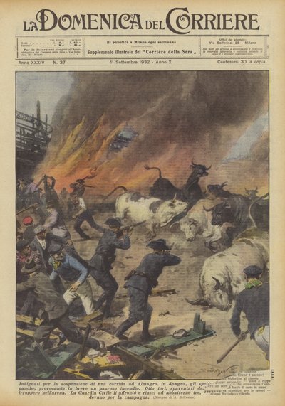 Indignados por la suspensión de una corrida en Almagro, España, los espectadores prendieron fuego... de Achille Beltrame