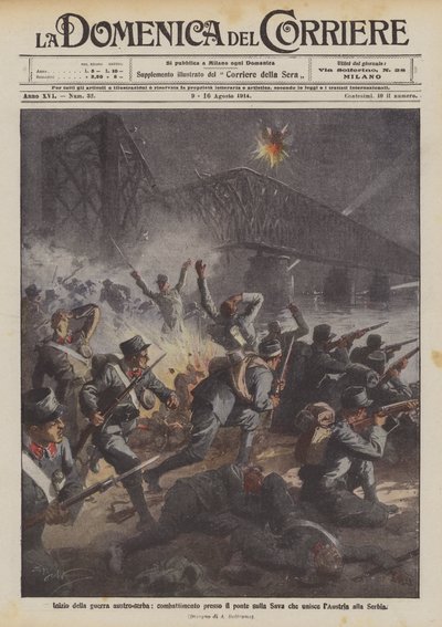 Inicio de la guerra austro-serbia, combate cerca del puente sobre el Sava que une Austria con Serbia de Achille Beltrame