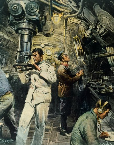 Interior de submarino, por Achille Beltrame (1871-1945), ilustración de La Domenica del Corriere, 28 de diciembre de Achille Beltrame