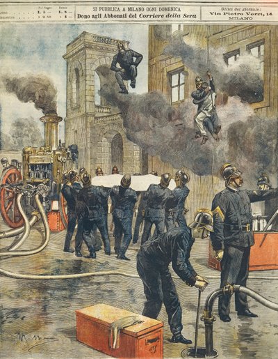 Congreso y demostración de bomberos italianos en la Arena de Milán, por Achille Beltrame, de La Domenica del Corriere, 24 de septiembre de 1899 de Achille Beltrame