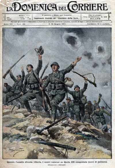 El ejército italiano victorioso sobre las tropas austrohúngaras en las montañas del Karst en Eslovenia. Los italianos así avanzaron hacia Trieste. Ilustración de Beltrame. La Domenica del Corriere. 06/1917 de Achille Beltrame