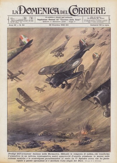 Prodigios de la aviación italiana en el Marmarica (litografía en color) de Achille Beltrame