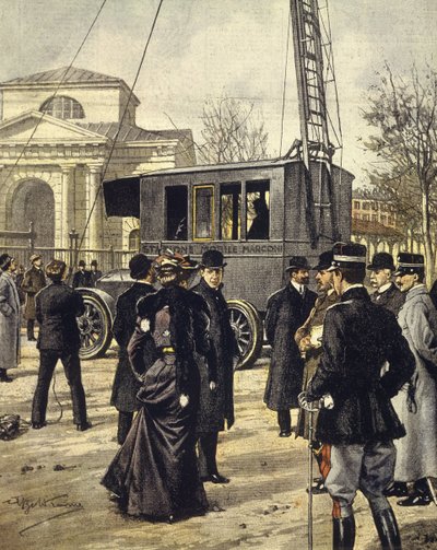 El físico italiano Guglielmo Marconi asiste a experimentos con la primera estación de radio móvil en Milán, 30 de diciembre de Achille Beltrame