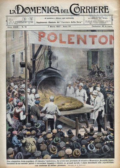 Fiesta popular italiana: polenta gigante (polentone) organizada en una ciudad cerca de Asti en Veneto. Ilustración de Achille Beltrame en “La domenica del Corriere” del 07/03/1937 de Achille Beltrame