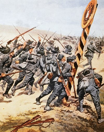 Soldados italianos cruzando la frontera austriaca, por Achille Beltrame, ilustración de La Domenica del Corriere, junio de 1915 de Achille Beltrame