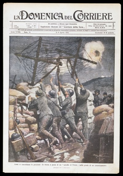 Soldados italianos colocando un caballo frisón en la trinchera, placa de Achille Beltrame para Domenica del Corriere, 2-9 de abril de 1916, Primera Guerra Mundial, Italia, siglo XX de Achille Beltrame