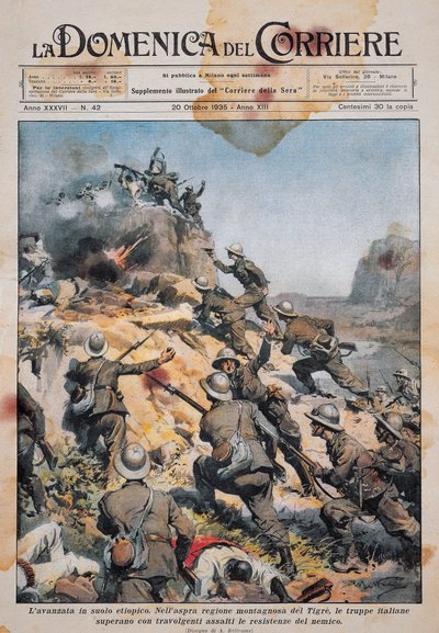 Tropas italianas avanzando en suelo etíope, ilustración de La Domenica del Corriere, 20 de octubre de Achille Beltrame