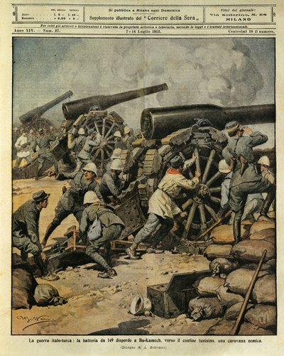 Guerra Ítalo-Turca, fuego de batería del Cañón No. 149 dispersando una caravana enemiga en Bu-Kamek hacia la frontera tunecina, ilustrador Achille Beltrame, de La Domenica del Corriere, 7 de julio de 1912 de Achille Beltrame