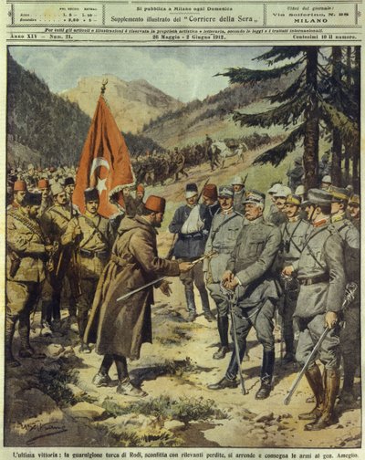 Guerra Italo-Turca o Libia (1911-1912), el ejército turco se rinde y entrega armas al General italiano Ameglio en Rodas, 26 de mayo de Achille Beltrame