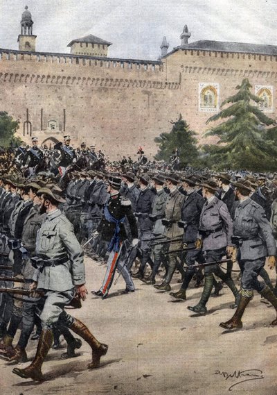 Las nuevas milicias de Italia: voluntarios de civil durante un desfile militar el 11 de noviembre en Milán. Ilustración de Beltrame. La Domenica del Corriere. 11/1914 de Achille Beltrame