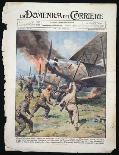 Ataque de comando japonés en el aeropuerto chino de Nanchang, placa de Achille Beltrame de La Domenica del Corriere, 31 de julio de Achille Beltrame