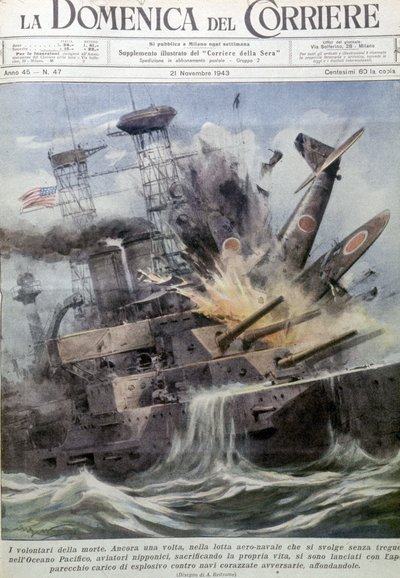 Kamikazes japoneses explotando en barcos enemigos - en “La Domenica del Corriere”, 21 de noviembre de 1943 (litografía) de Achille Beltrame