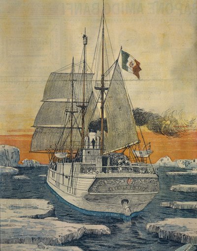 Viaje al Polo Norte: Barco Polar Star que llevó al Príncipe Luigi Amedeo de Saboya-Aosta, Duque de los Abruzos, a la Bahía de Teplitz en la Isla Rudolf, por Achille Beltrame, de La Domenica del Corriere de Achille Beltrame
