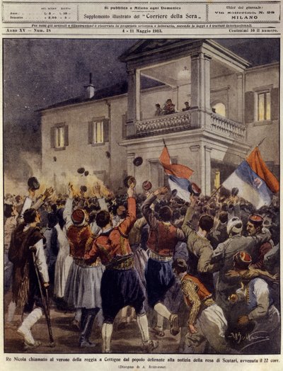 Rey Nicolás I de Montenegro ante una multitud en Cettigne después de la rendición de la ciudad de Shkoder, 4 de mayo de Achille Beltrame
