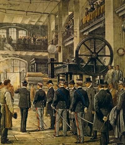 El rey Vittorio Emanuele III visitando fábricas en Milán, por Achille Beltrame, de La Domenica del Corriere, 8 de octubre de 1905 de Achille Beltrame