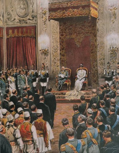 Rey de Italia, Vittorio Emanuele III de Saboya, coronado Rey de los Albaneses (ilustración de Achille Beltrame) de Achille Beltrame