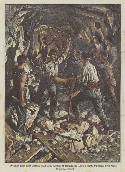 La apertura de la primera galería en la línea de acceso al Simplón, entre Arona y Meina, el encuentro de los obreros de Achille Beltrame