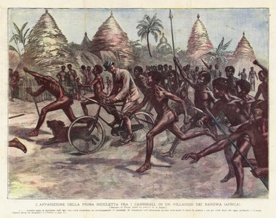 La Aparición de la Primera Bicicleta entre los Caníbales, en un Pueblo de los Bangwa (África) de Achille Beltrame