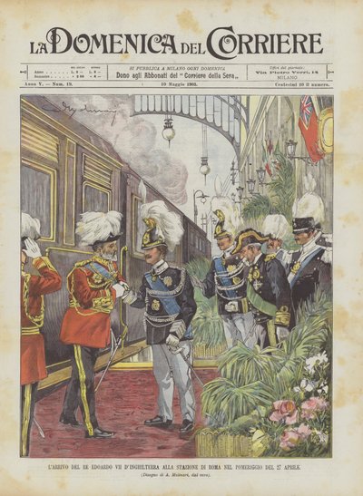 La llegada del rey Eduardo VII de Inglaterra a la estación de Roma en la tarde del 27 de abril de Achille Beltrame