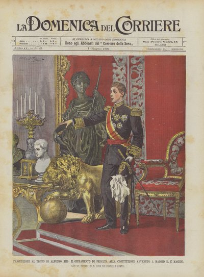 La asunción al trono de Alfonso XIII, el juramento de fidelidad a la constitución ocurrido en Madrid el 17 de mayo de Achille Beltrame