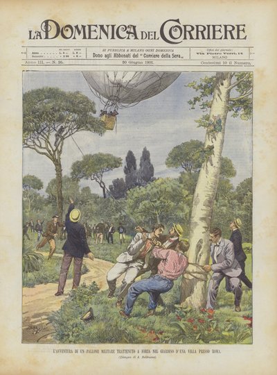 La aventura de un globo militar retenido a la fuerza en el jardín de una villa cerca de Roma de Achille Beltrame