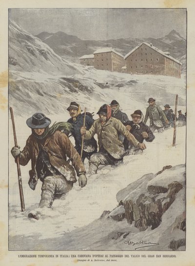 Una caravana de obreros cruzando el paso del Gran San Bernardo de Achille Beltrame