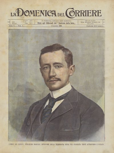 El héroe del día, Guglielmo Marconi, inventor de la telegrafía sin hilos establecida recientemente a través del océano de Achille Beltrame