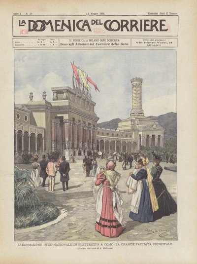 La exposición internacional de electricidad en Como, la gran fachada principal de Achille Beltrame