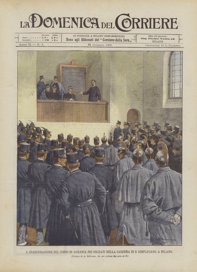 La inauguración del curso de agronomía para soldados en el cuartel de San Simpliciano, en Milán de Achille Beltrame