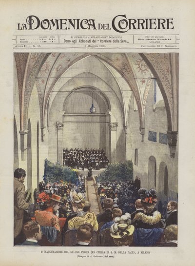 La inauguración del Salón Perosi (ex iglesia de Santa María de la Paz), en Milán de Achille Beltrame