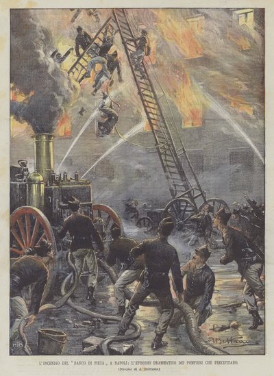 El incendio del Banco de Piedad en Nápoles, el episodio dramático de los bomberos que caen de Achille Beltrame