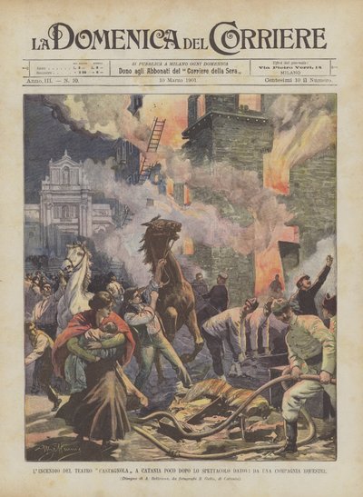 El incendio del Teatro Castagnola en Catania poco después del espectáculo dado por una compañía ecuestre de Achille Beltrame