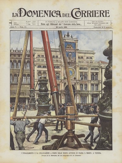 La elevación y colocación de las nuevas antenas en la Plaza de San Marcos en Venecia de Achille Beltrame
