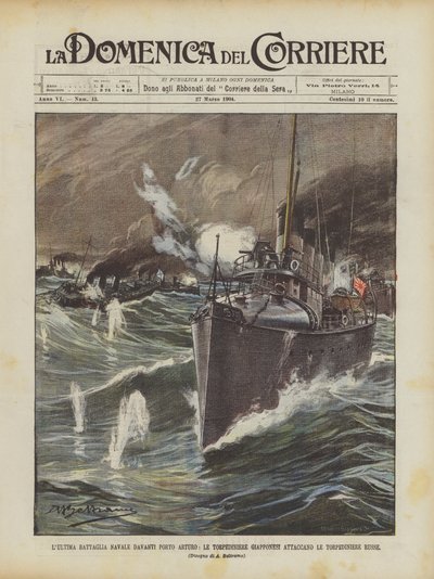 La última batalla naval frente a Puerto Arturo, los torpederos japoneses atacan a los torpederos rusos de Achille Beltrame
