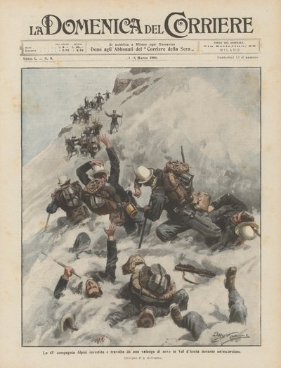 La 41ª compañía Alpini arrollada por una avalancha de nieve en el Valle de Aosta durante una excursión de Achille Beltrame