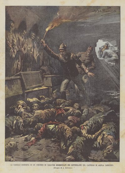 El descubrimiento casual de un cementerio de cadáveres momificados en los sótanos del Castillo de Aquila (Abruzzo) de Achille Beltrame