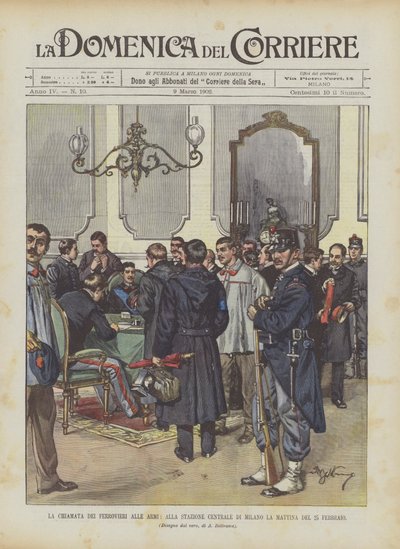 La Llamada de los Ferroviarios a las Armas, en la Estación Central de Milán la Mañana del 25 de Febrero de Achille Beltrame