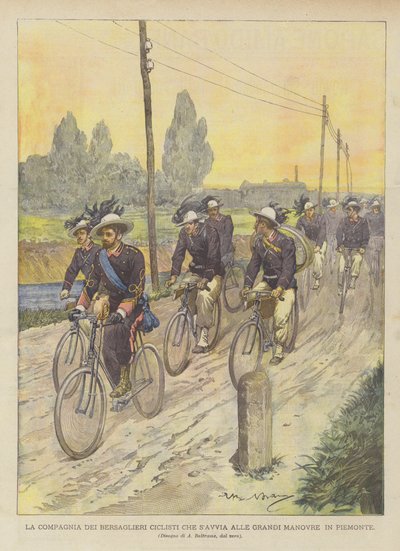 La compañía de bersaglieri ciclistas que se dirige a las grandes maniobras en Piamonte de Achille Beltrame